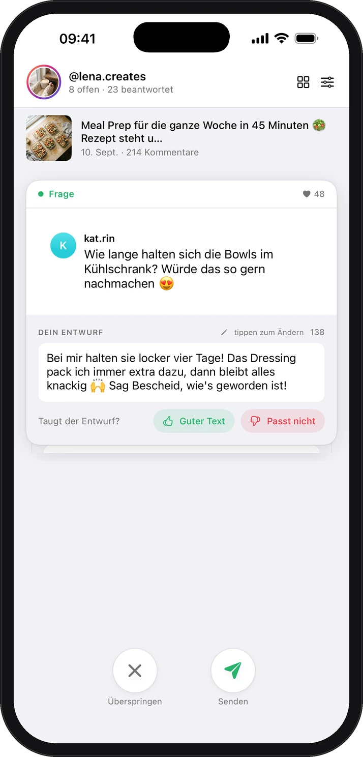Commentary auf dem iPhone: ein Kommentar mit fertigem Antwortvorschlag, darüber der Beitrag, zu dem er gehört
