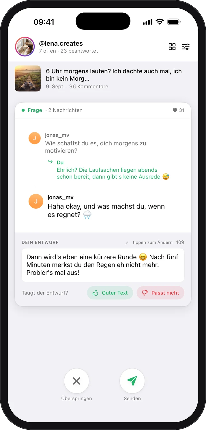 Eine Karte mit Gesprächsverlauf: oben die frühere Antwort, darunter die neue Nachfrage und der Vorschlag